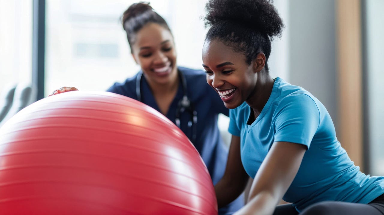Therapist supporting a smiling adult woman during a physical therapy session with a red exercise ball in a bright, modern clinic.